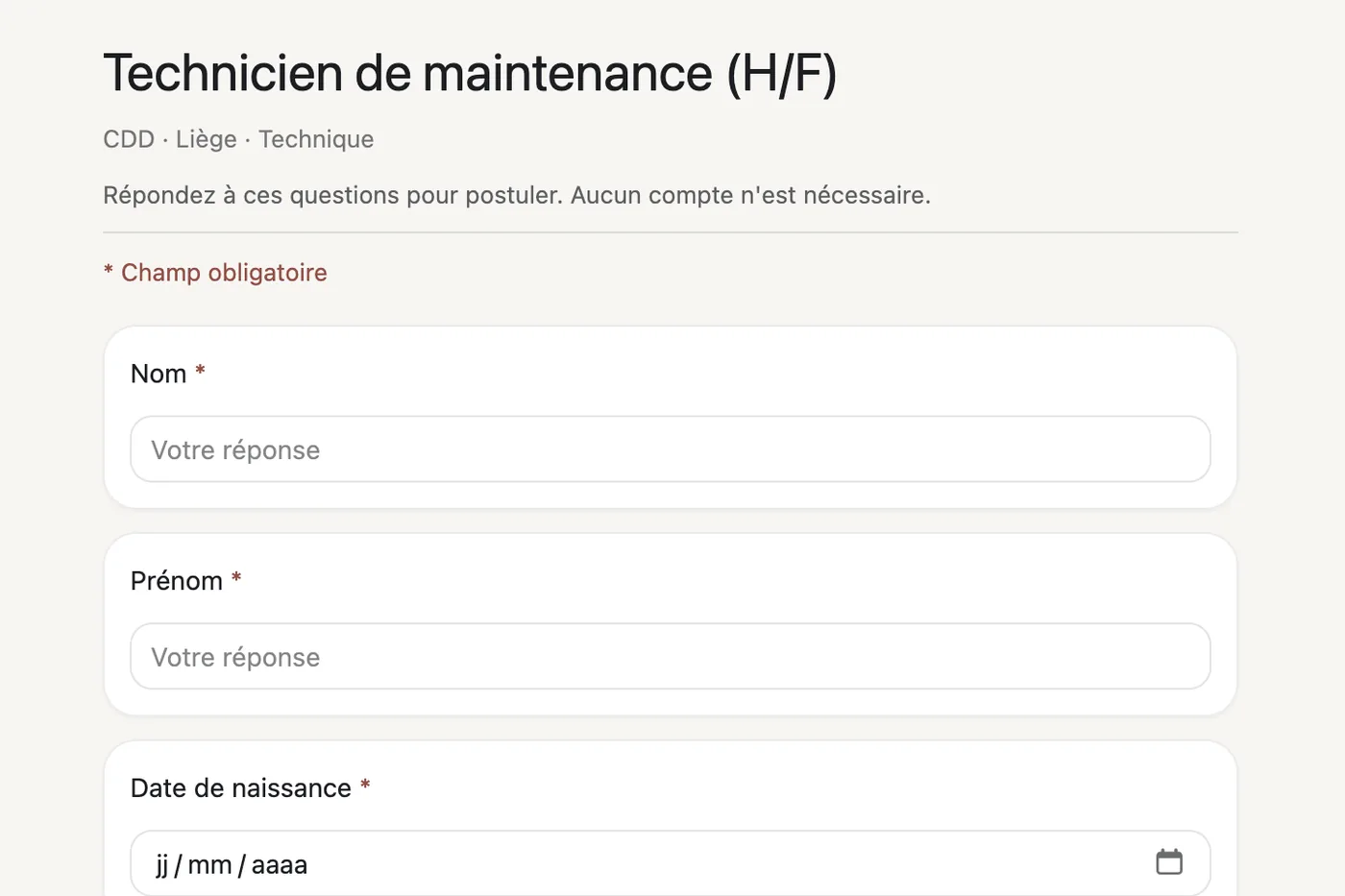 Formulaire de candidature « Technicien de maintenance (H/F) » : nom, prénom, date de naissance et email, sans création de compte.