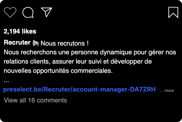 Publication de l'offre partagée comme un post : « Nous recrutons ! » avec le lien de candidature PreSelect.