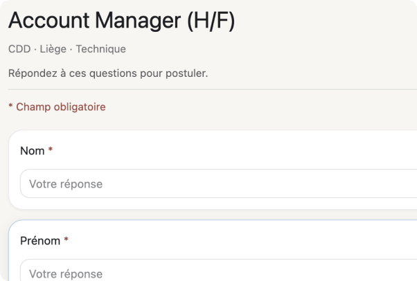 Formulaire de candidature « Account Manager (H/F) » que le candidat remplit en ligne.
